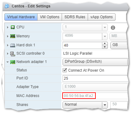 Figure 5 - Determining the MAC address assigned to a VM's network interface using the vSphere client