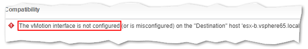 Figure 2 - The error returned when a VM is migrated to a host not set up for vMotion