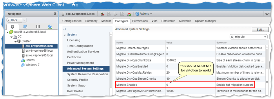 Figure 4 - Ensuring the migrate.enabled advanced setting is set to 1