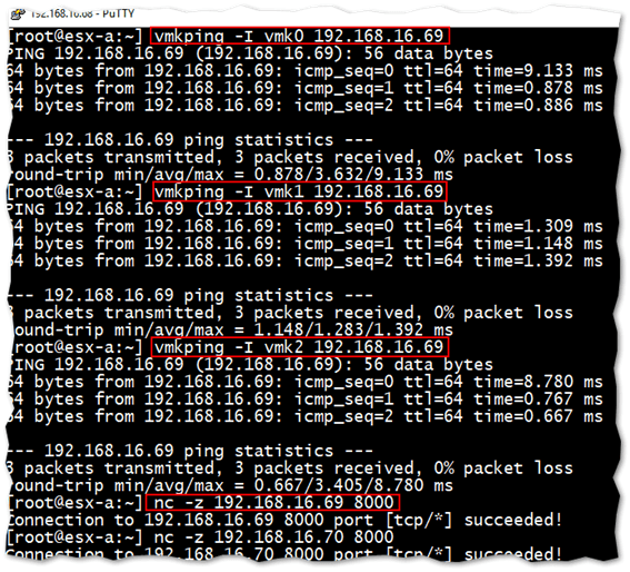 Figure 5 - Performing network diagnostics using vmkping and nc from ESXi's shell