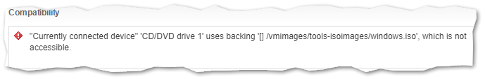 Figure 6 - The error returned when you try and migrate a VM with a mounted ISO image