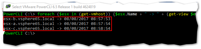 Figure 10 - A PowerCLI command that retrieves the time setting on vCenter managed ESXi hosts