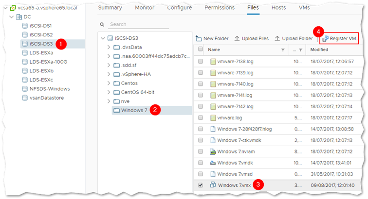 Using the datastore browser to register a VM via its VMX file