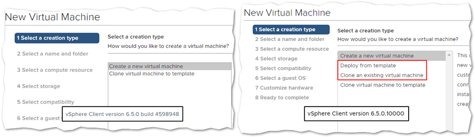 VM deployment options as available in the first and latest iteration of the HTML5 client