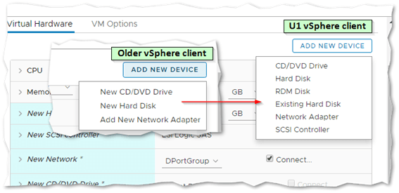 New hardware can now be added to VMs in vSphere Client