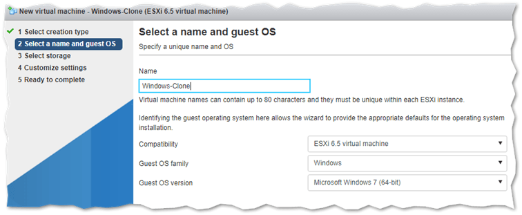 Assigning a name to the VM and selecting the guest OS type
