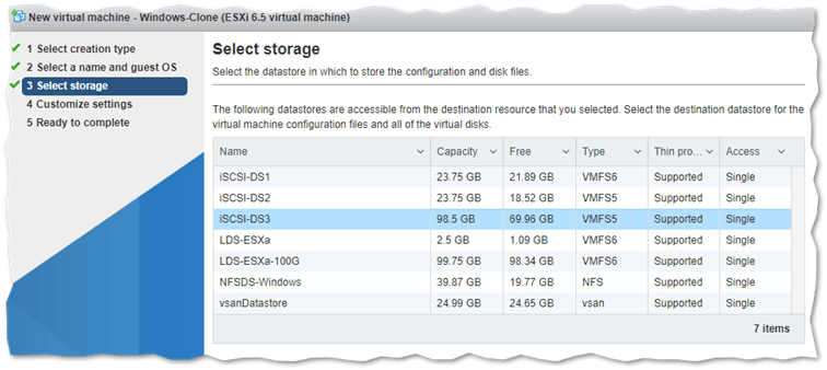 Selecting the datastore where the VM is created