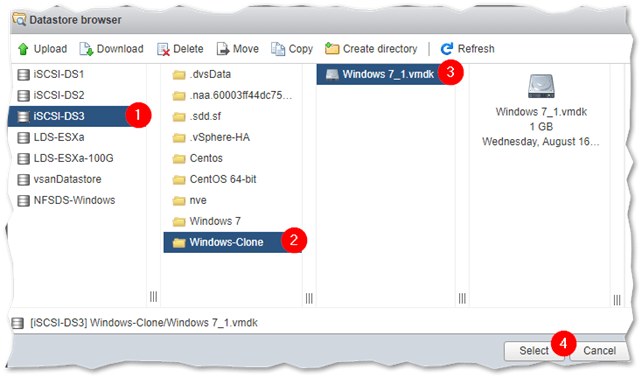 Selecting the VMDK to attach using the datastore browser