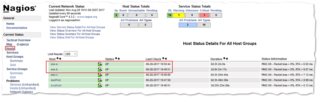 Nagios Core Hosts view