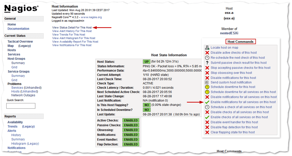 The host information page gives you an overview of the object's state and enabled checks