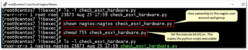 Changing ownership and setting file permissions on the python script