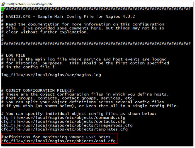 Adding the ESXi hosts definition file to Nagios' main configuration file