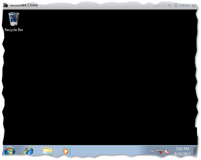 The cloned Windows 7 VM successfully boots up