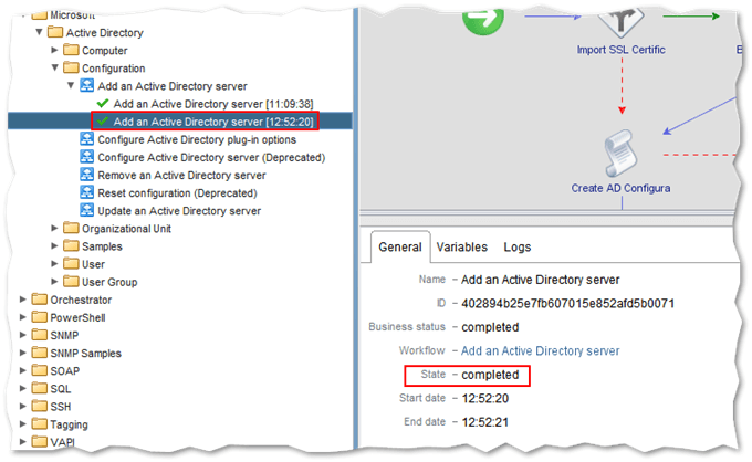 A green marker next to the workflow name as well as a completed State indicate that the workflow outcome was successful