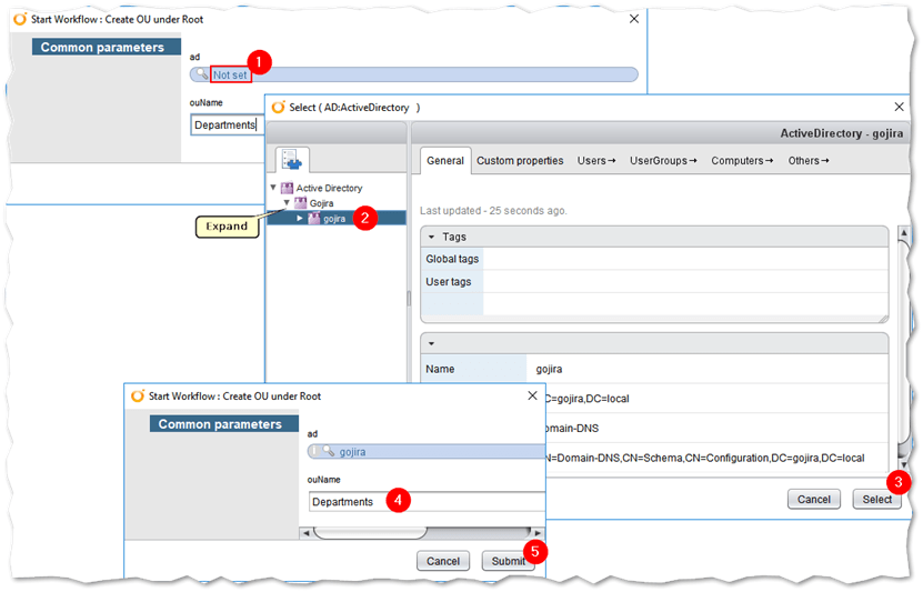 Setting the parameters for the OU creation workflow