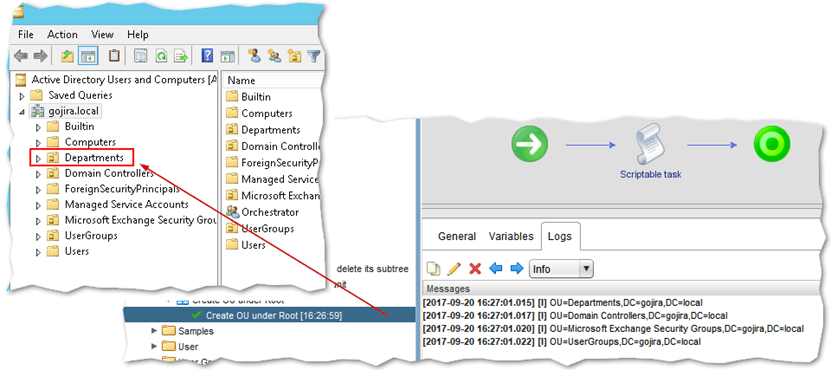 The Departments OU is successfully created under root. This is shown in ADUC and in the vRO client's Logs tab