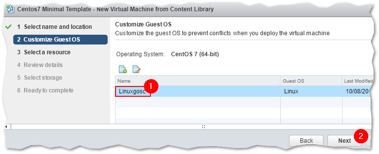 Selecting a guest OS customization specification when deploying a VM from a library template