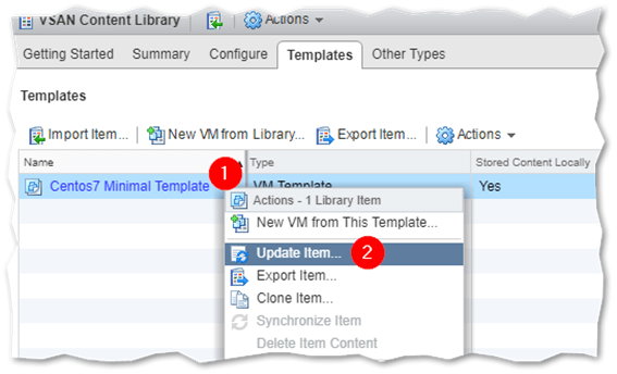 Updating a template stored in a content library