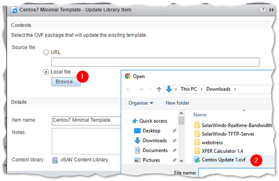 Selecting the OVF file used to update a library template