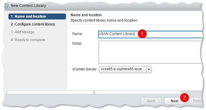 Naming a content library and selecting a vCenter Server instance