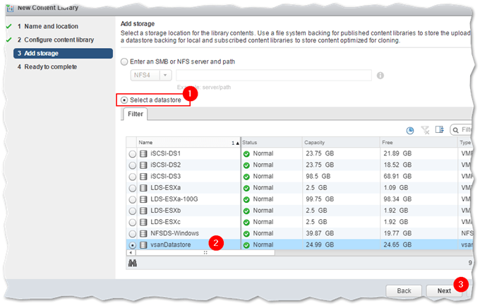 Selecting the storage where the content library will be created