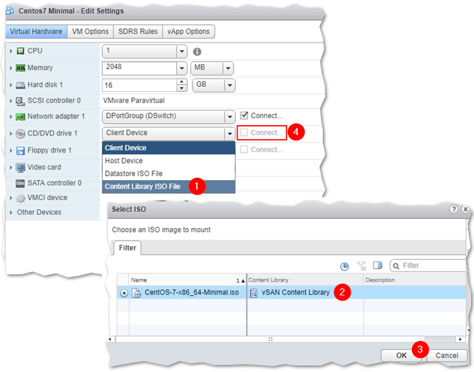 Configuring a VM to boot from an ISO stored in a content library