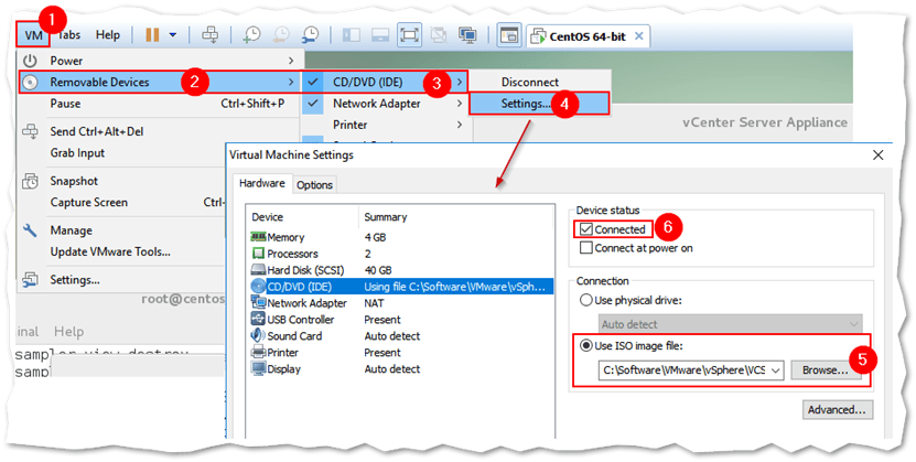 Mounting an ISO image as a CD/DEV device in VMware Workstation