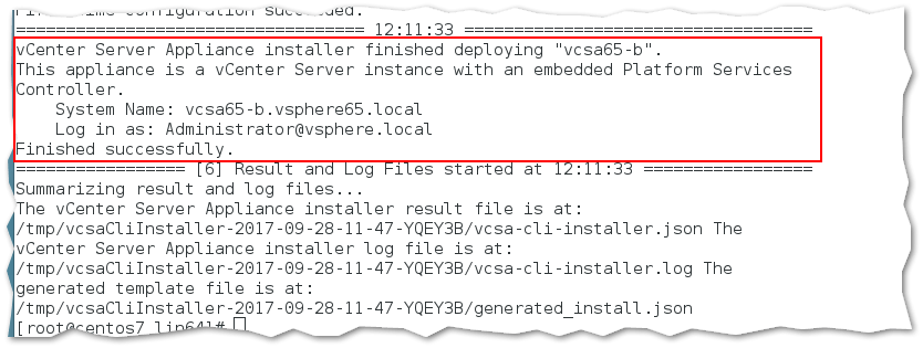 vCSA 6.5 successfully installed using the cli method from Linux