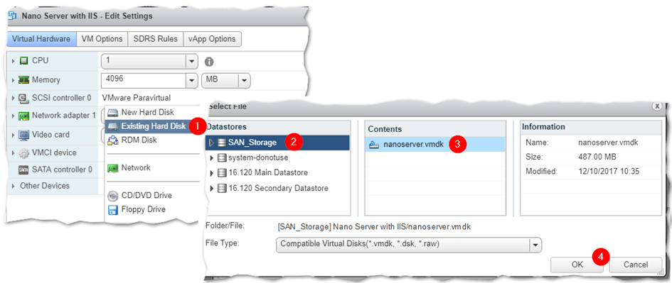 Attaching the Nano Server VMDK to the VM just created