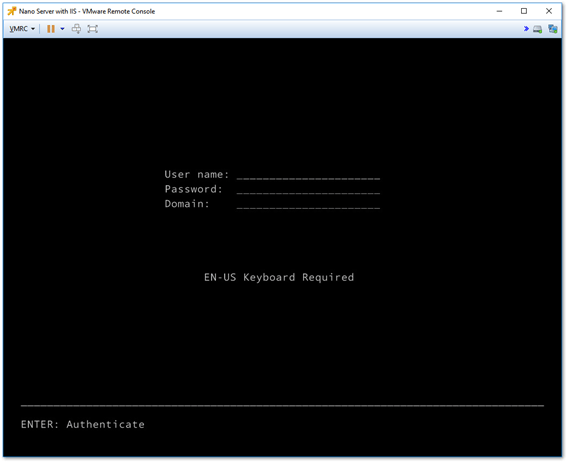 Nano Server's Recovery Console log on screen