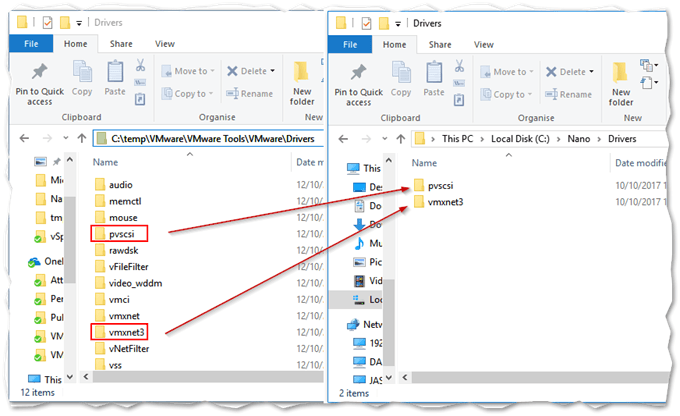 Copying VMware drivers to the Nano distribution folder