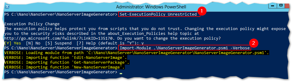 Importing the Nano Server Image Generator module in PowerShell