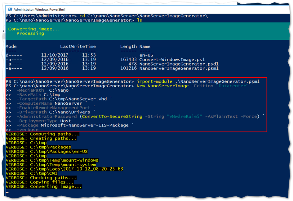 Creating the Nano Server VHD using the New-NanoServerImage command