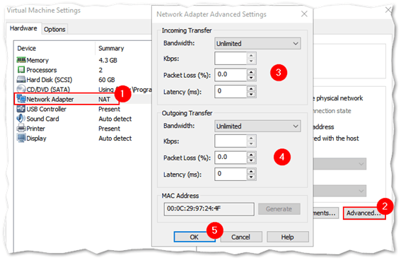 Advanced networking features include induced latency and bandwidth capping for testing purposes