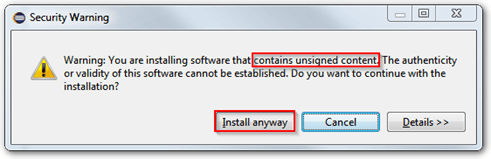 Unsigned content warning in Eclipse