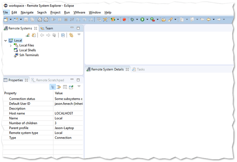 The Remote System Explorer Workbench perspective in Eclipse