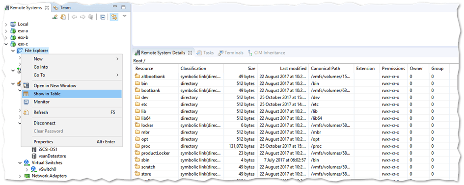 An ESXi host's filesystem displayed in tabular form