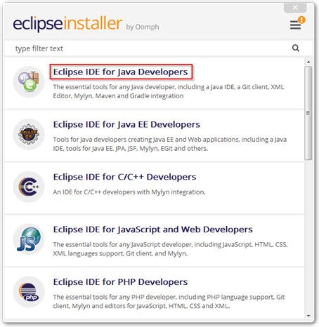 Selecting a version of Eclipse to install