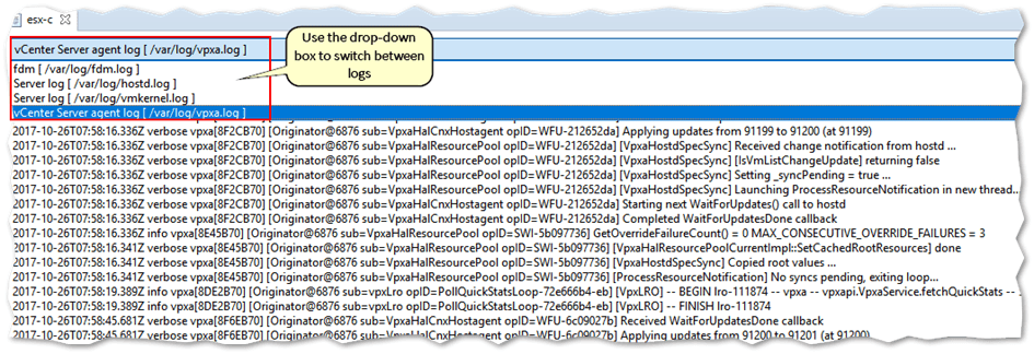 Displaying the contents of an ESXi log file