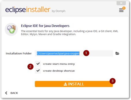 Selecting where Eclipse is installed and kicking off the installation