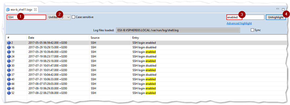 Filtering the ESXi shell log file