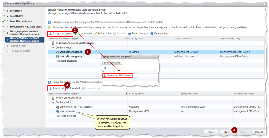 Setting VMkernel adapters in template mode