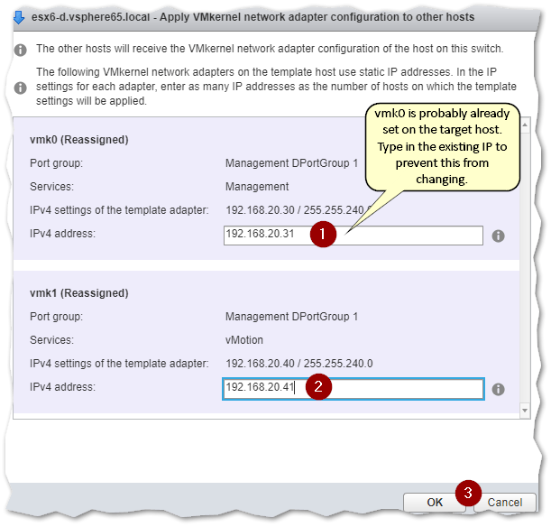 Configuring IP addressing for the various VMkernel adapters