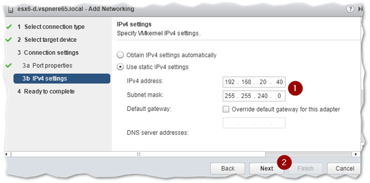 Configuring IP addressing for a VMkernel adapter