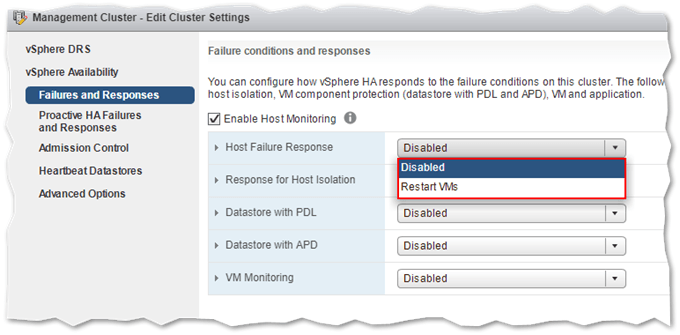 Setting the host failure response to disabled will prevent VMs from powering up on an alternative host