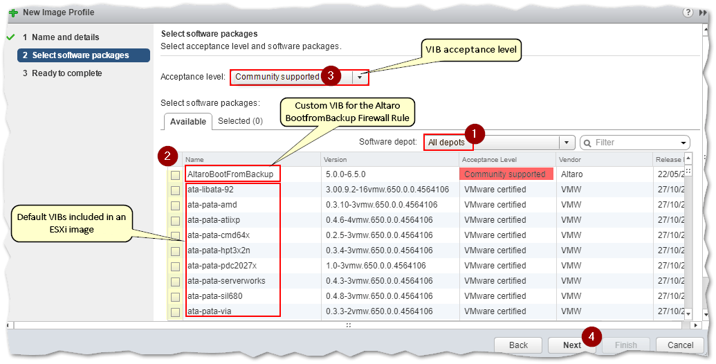 Selecting the software packages to include in the custom ESXi image