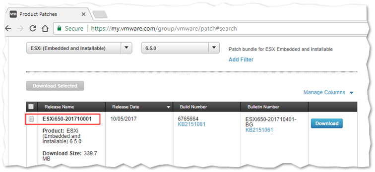 Downloading an ESXi patch from my.vmware.com