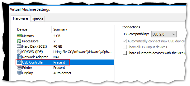 Adding a USB controller to a VM in VMware Workstation