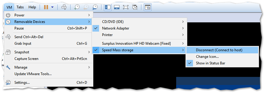 Connecting a USB device to a VM in VMware Workstation