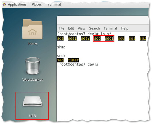 A mounted pen drive as shown on X Windows or terminal-only based Linux systems